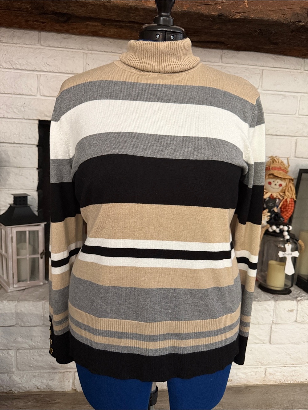 Investments Striped Cowl Neck Sweater - Beige Black Gray White